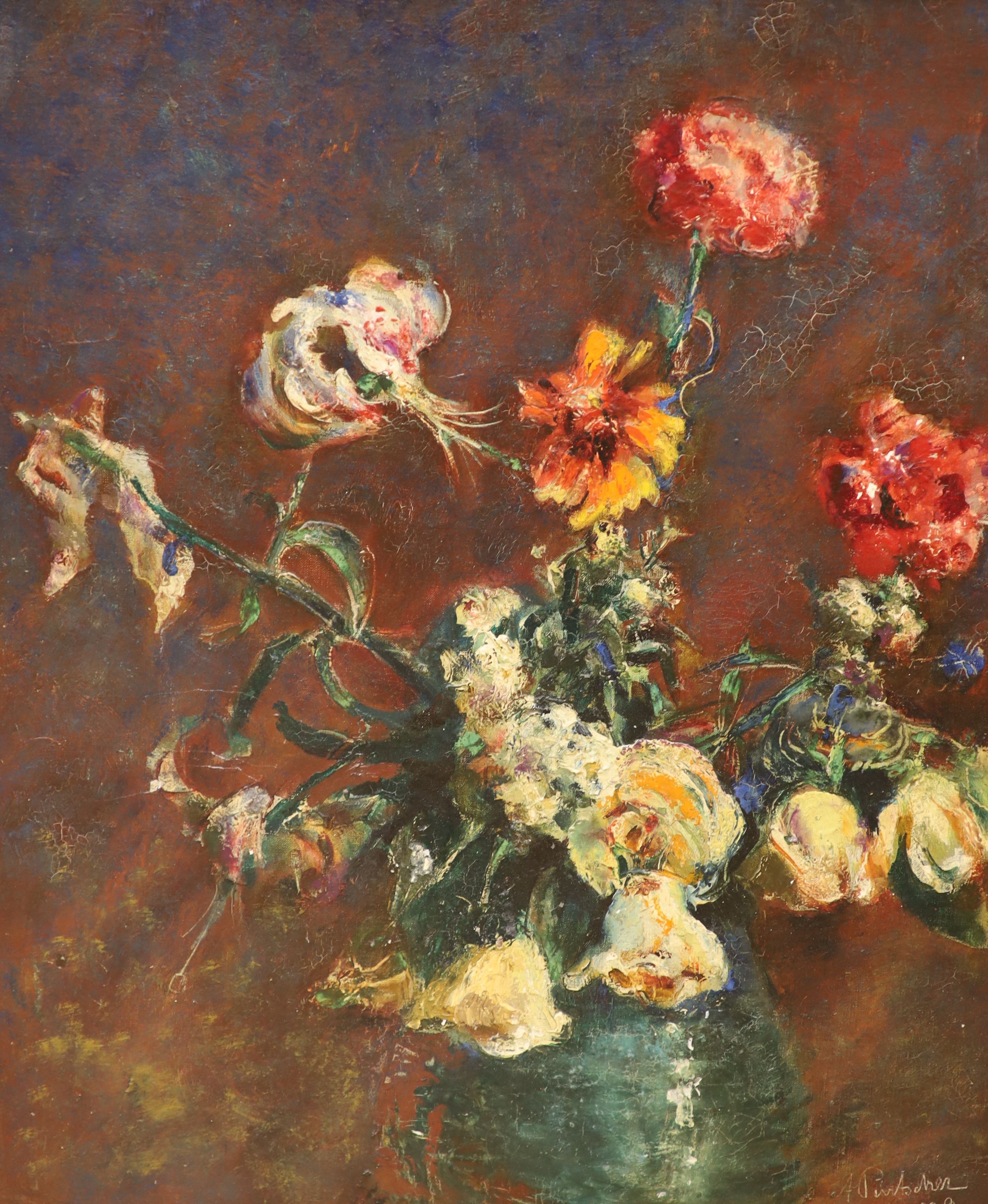 A. Pivitscher, oil on canvas, Still life vase of flowers, signed and dated 1929, 60 x 50cm